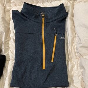 Eddie Bauer Men's Navy 1/4 zip pullover with Mustard Zipper